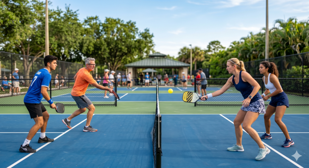 Pickleball players in action on a court